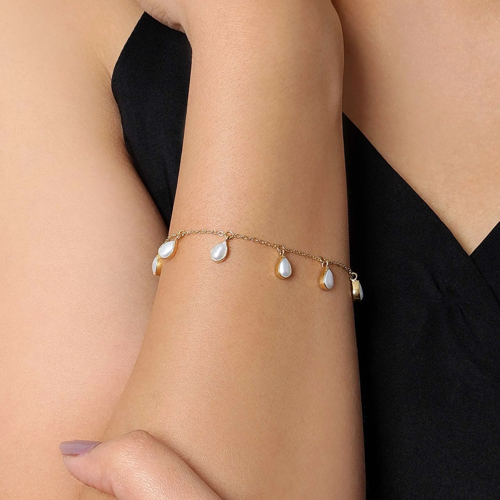 Pure Silver Bracelet - Gold Finish Pearl Drops