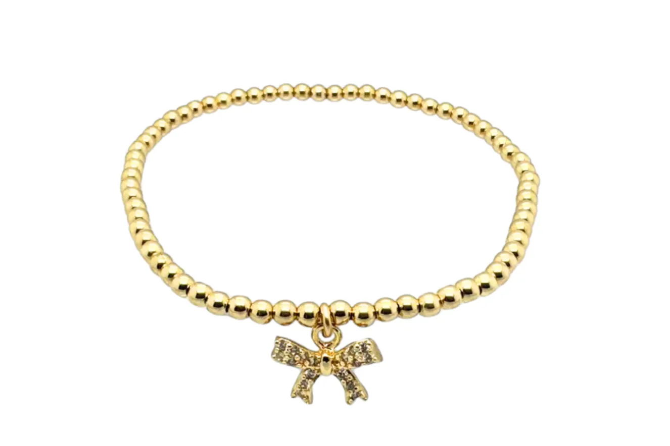 "BOW DREAM" Charm on 3MM Gold Filled Ball Beaded Bracelet
