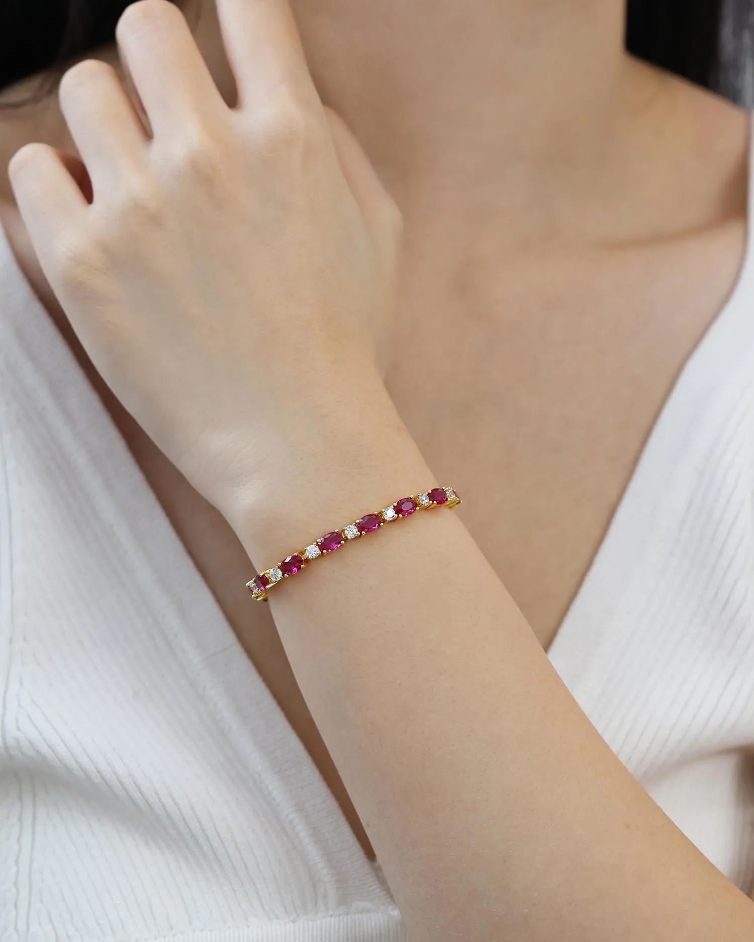 "Glamour Radiance" July Birthstone Fancy Cut Tennis Ruby Sterling Silver Bracelet