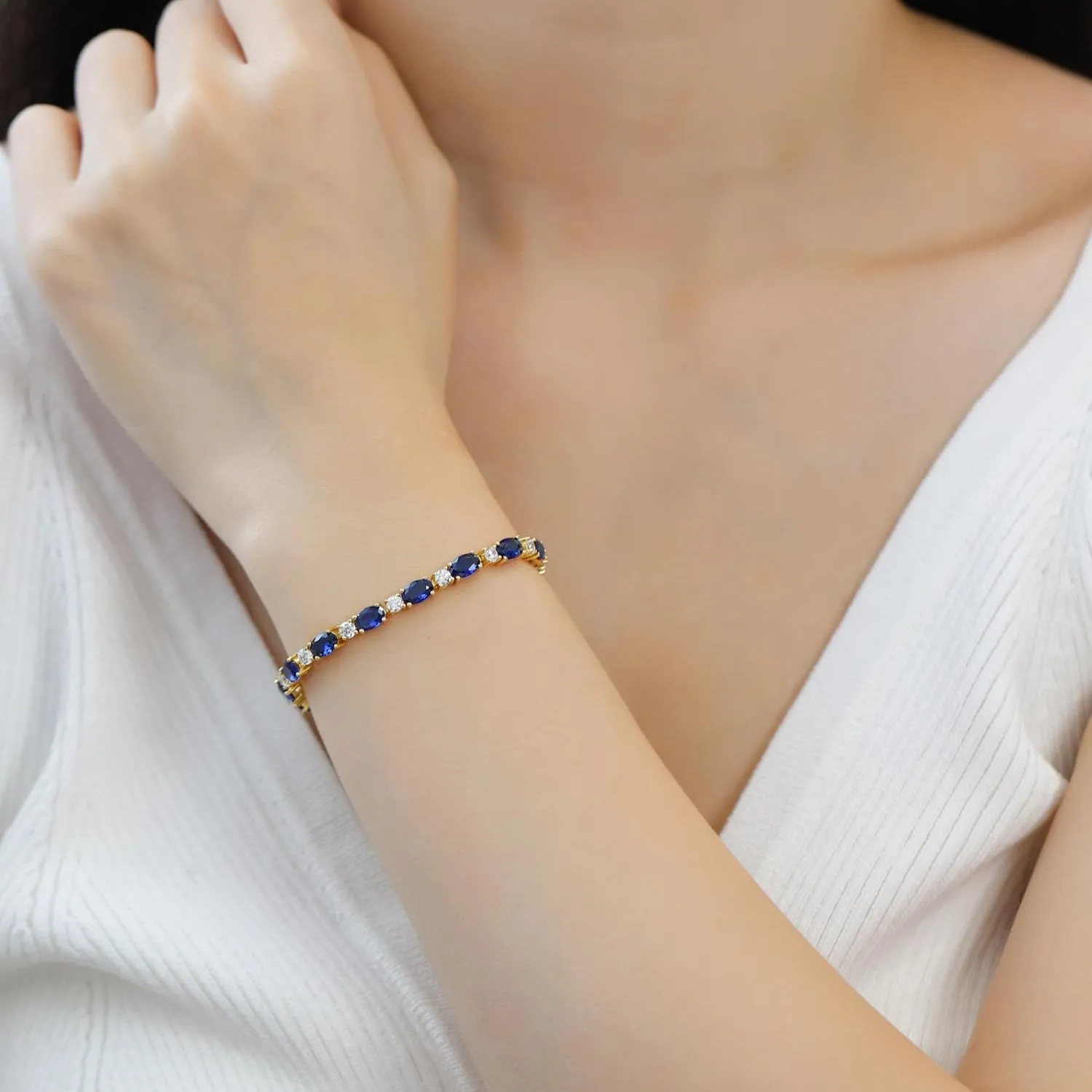 "Glamour Radiance" September Birthstone Fancy Cut Tennis Blue Sapphire Sterling Silver Bracelet