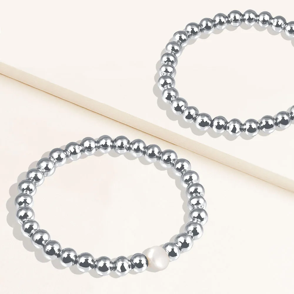 "Serena"  Set of Two Pearl & Highly Polished Beads Stretch Bracelets