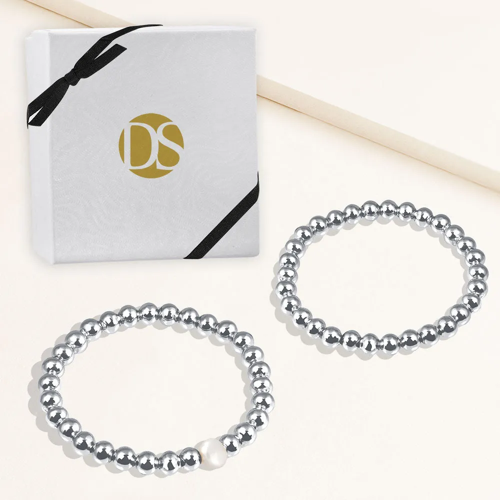 "Serena"  Set of Two Pearl & Highly Polished Beads Stretch Bracelets