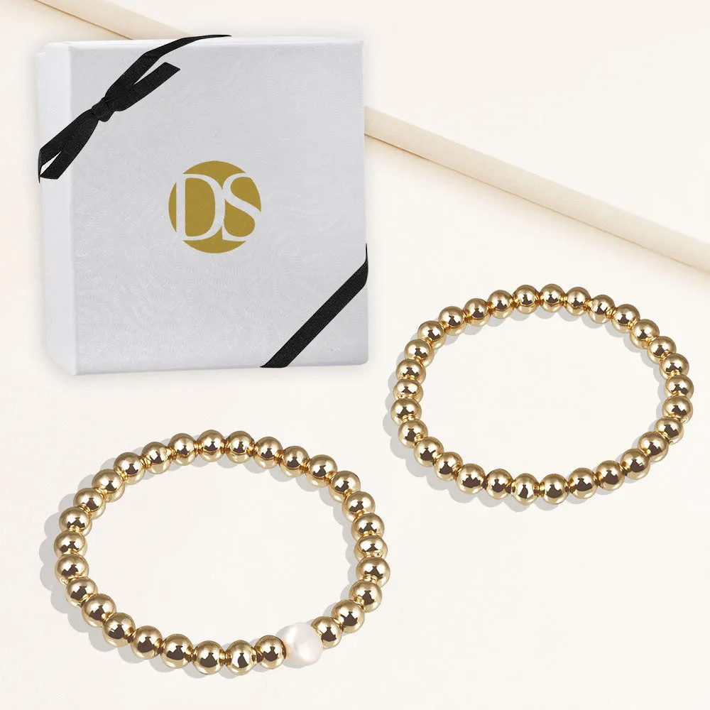 "Serena"  Set of Two Pearl & Highly Polished Beads Stretch Bracelets