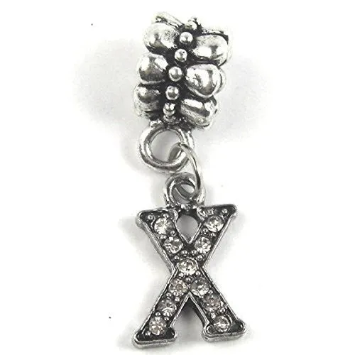 "X" Letter Dangle Charm Beads with Crystal for Snake Chain Charm Bracelet