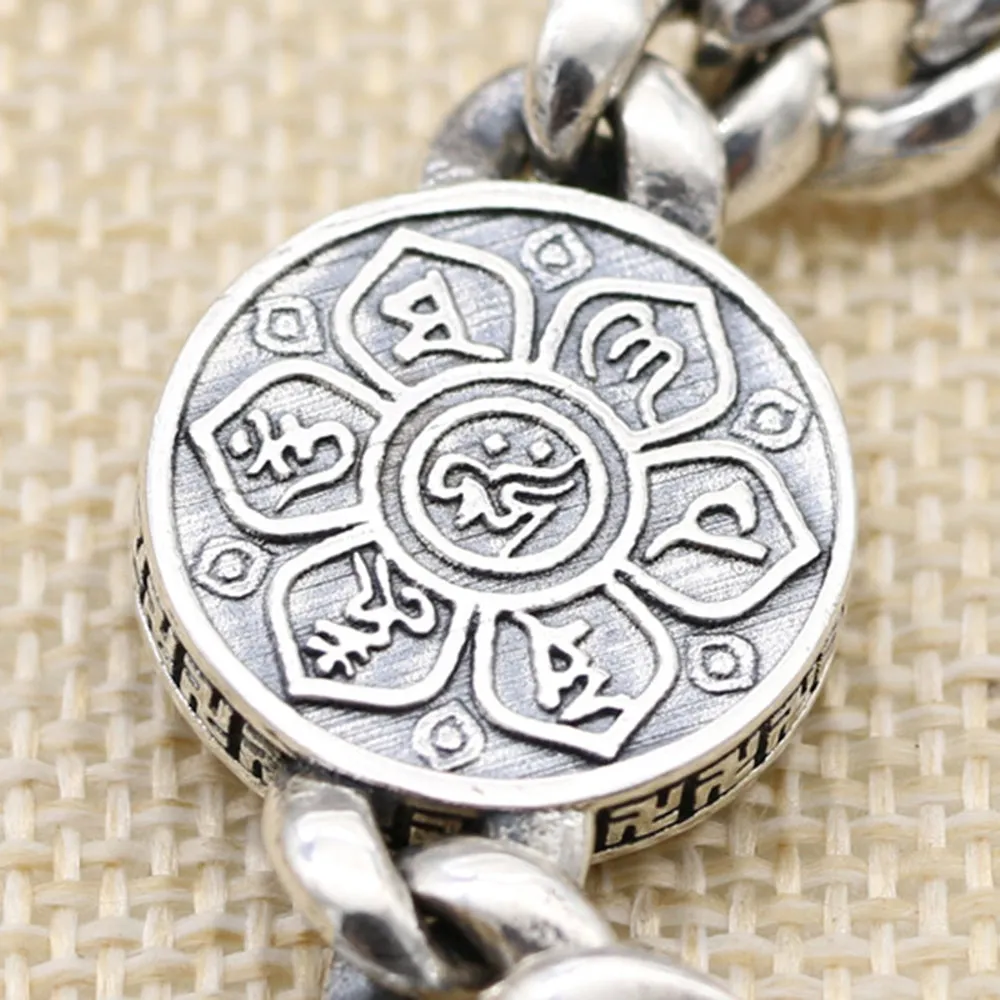 Real Solid 925 Sterling Silver Bracelet Cuban Link Chain Vajra Nine Palaces Eight Diagrams Jewelry
