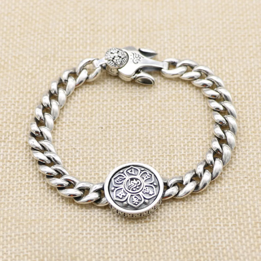 Real Solid 925 Sterling Silver Bracelet Cuban Link Chain Vajra Nine Palaces Eight Diagrams Jewelry