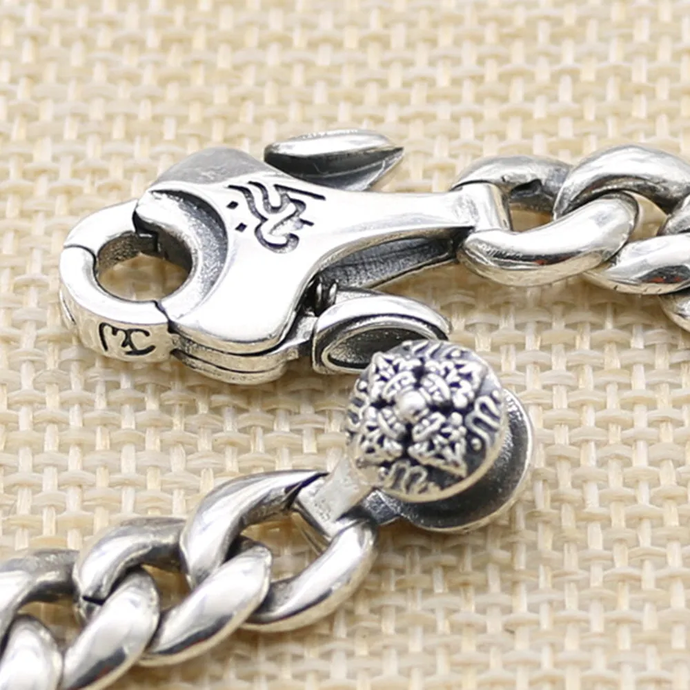 Real Solid 925 Sterling Silver Bracelet Cuban Link Chain Vajra Nine Palaces Eight Diagrams Jewelry