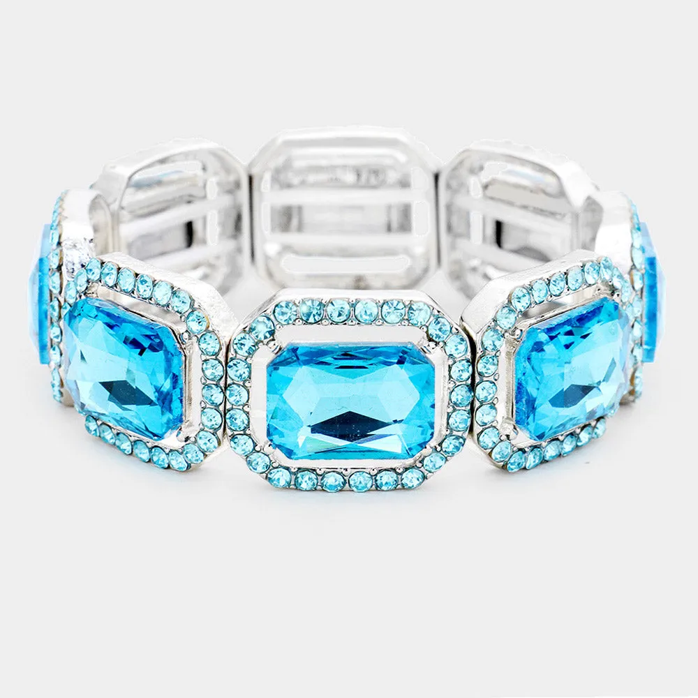 Rectangle Aqua Crystal and Rhinestone Stretch Bracelet | 437401