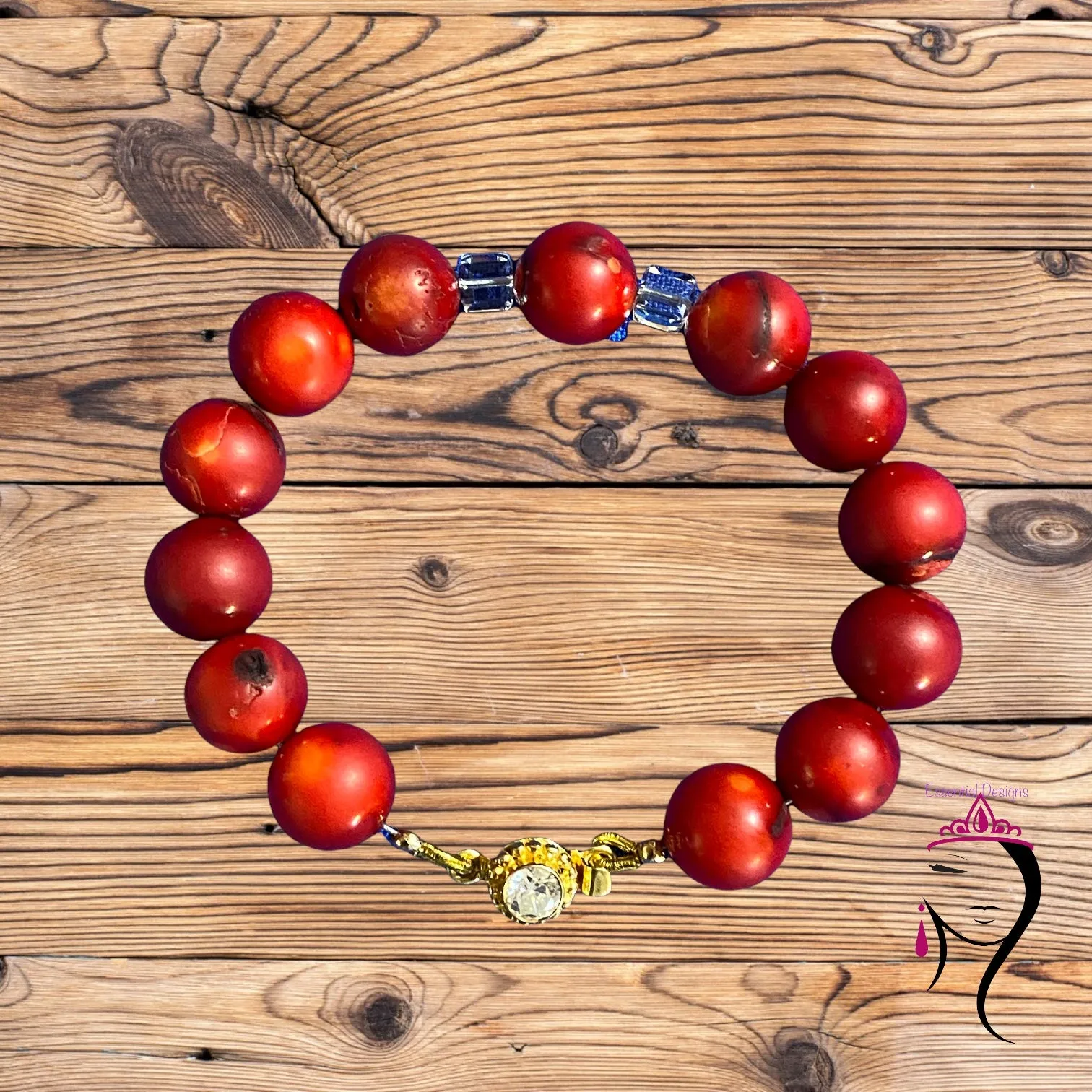 Red Coral Stone and Swarovski Crystal Bracelet, #18103