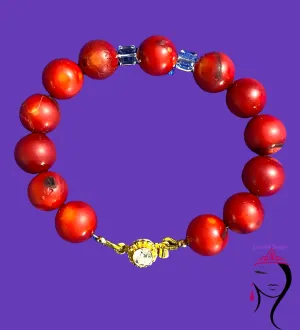 Red Coral Stone and Swarovski Crystal Bracelet, #18103