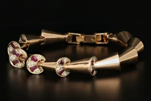 Retro 18K Rose Gold Diamond & Ruby Peek-a-Boo Bracelet c.1950's