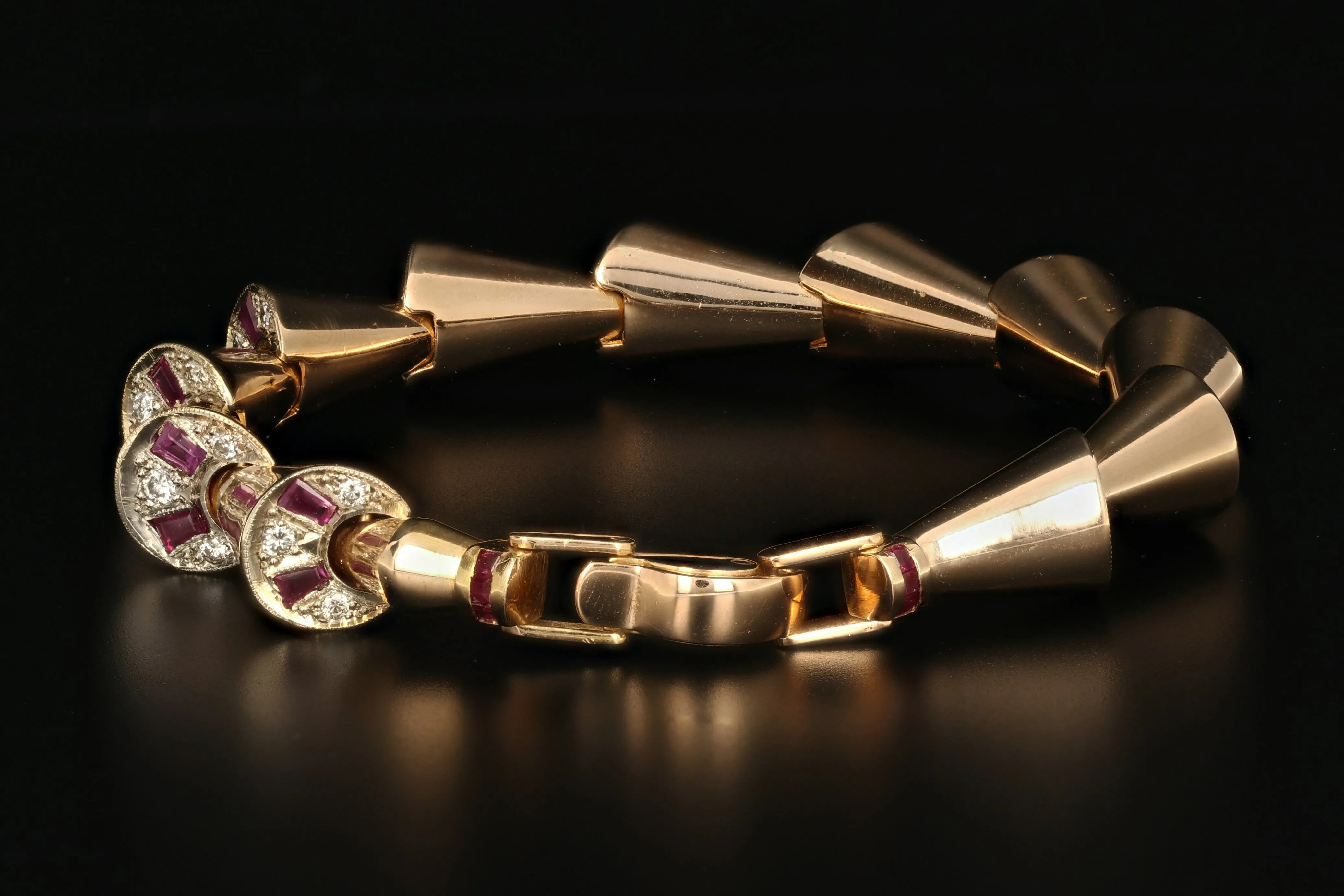 Retro 18K Rose Gold Diamond & Ruby Peek-a-Boo Bracelet c.1950's