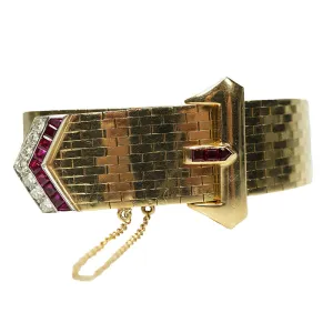 Retro Gold and Platinum Buckle Bracelet Rubies and Diamonds