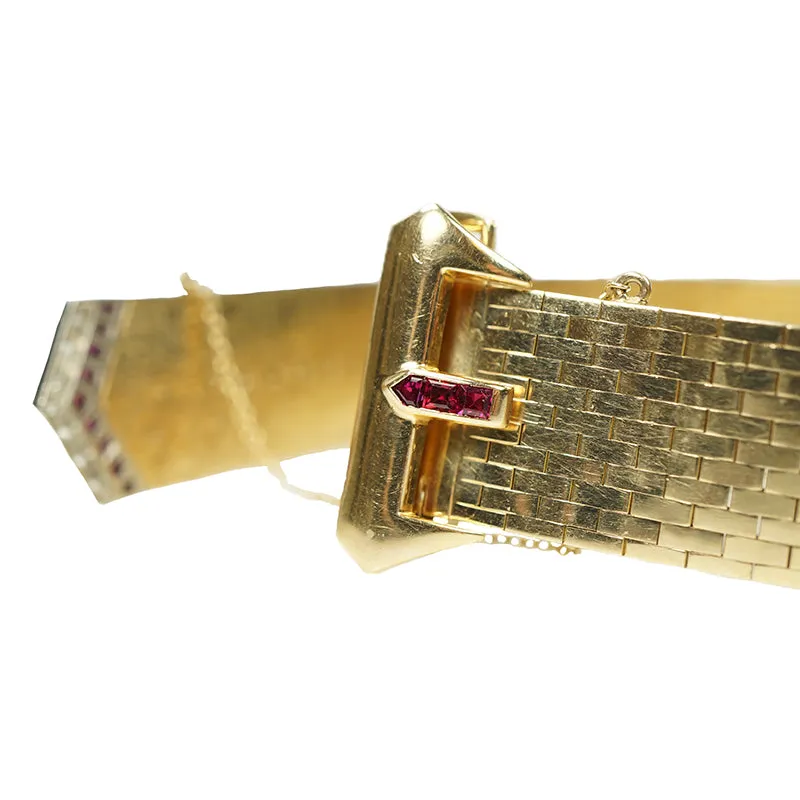 Retro Gold and Platinum Buckle Bracelet Rubies and Diamonds
