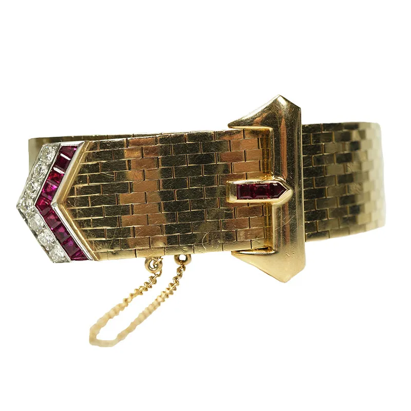 Retro Gold and Platinum Buckle Bracelet Rubies and Diamonds