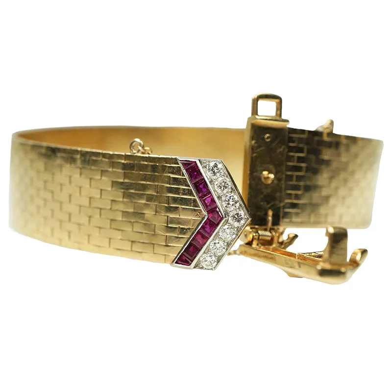 Retro Gold and Platinum Buckle Bracelet Rubies and Diamonds