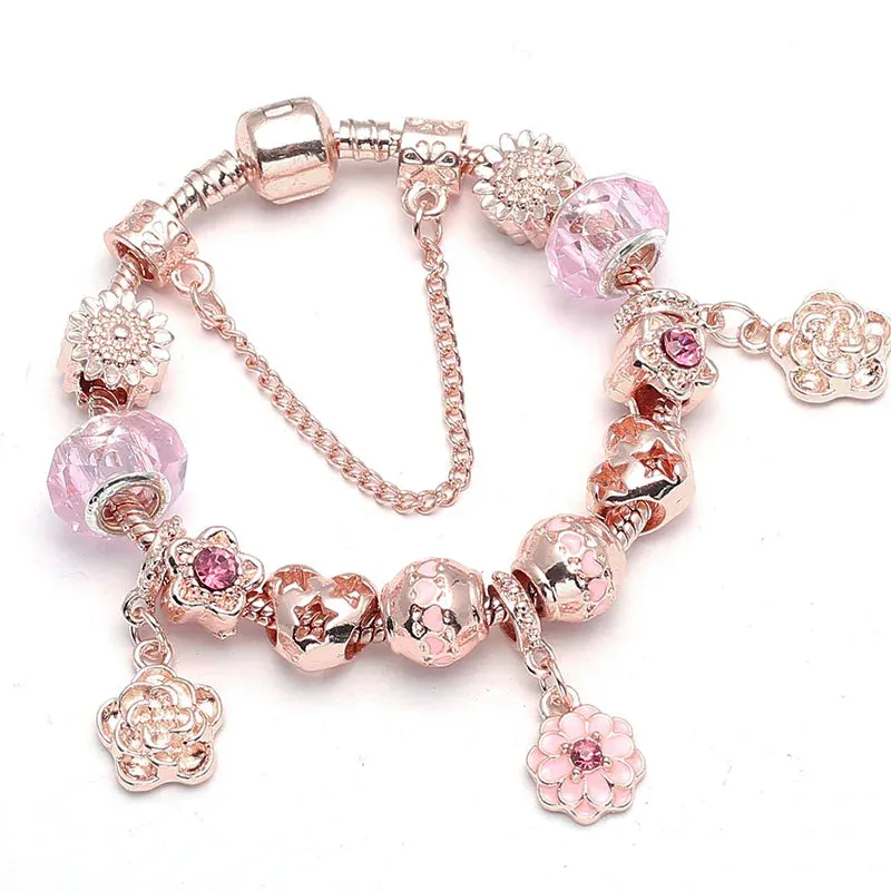 Rose golden butterfly Charm Bracelet With An crown Beads Fits Fine Bracelet Women Party