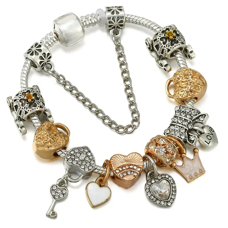 Rose golden butterfly Charm Bracelet With An crown Beads Fits Fine Bracelet Women Party