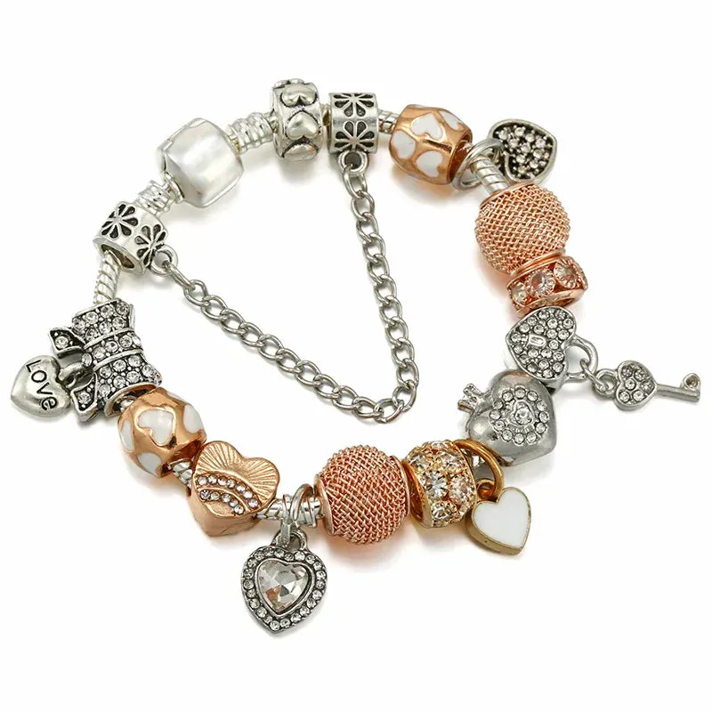Rose golden butterfly Charm Bracelet With An crown Beads Fits Fine Bracelet Women Party