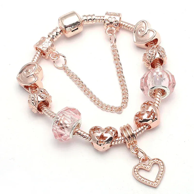 Rose golden butterfly Charm Bracelet With An crown Beads Fits Fine Bracelet Women Party