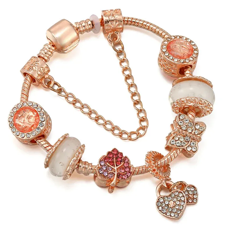 Rose golden butterfly Charm Bracelet With An crown Beads Fits Fine Bracelet Women Party