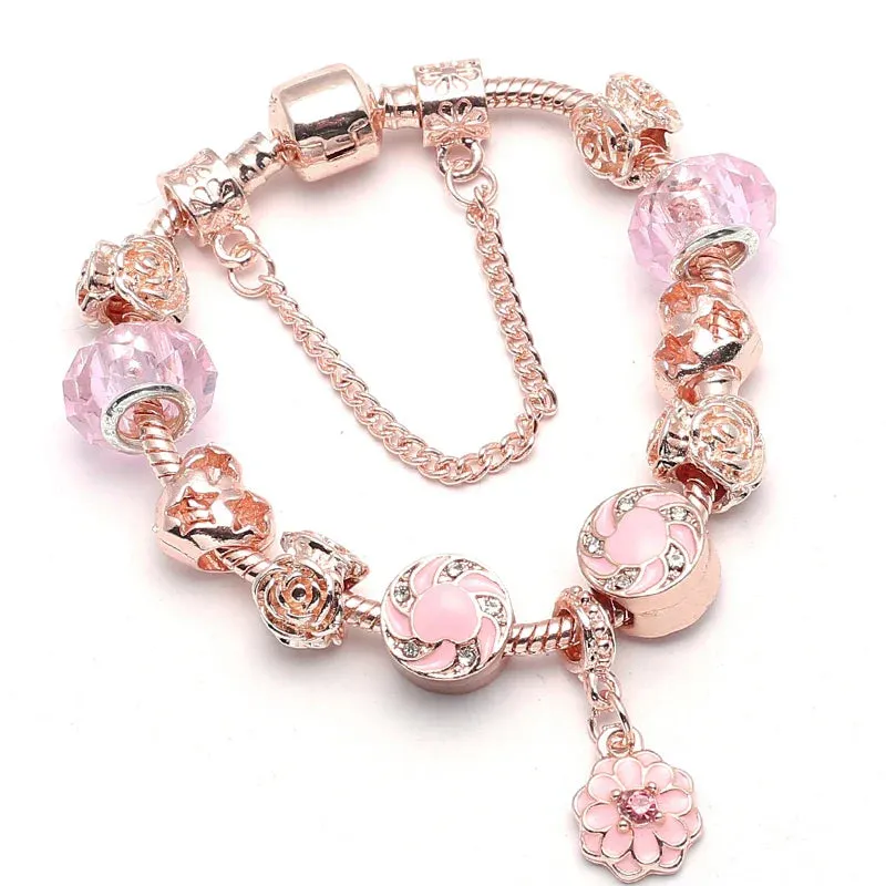 Rose golden butterfly Charm Bracelet With An crown Beads Fits Fine Bracelet Women Party