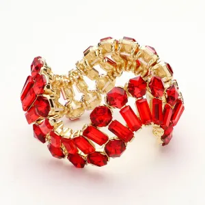 Round and Emerald Cut Red Crystal Wavy Stretch Pageant Bracelet | Prom Jewelry |  645260