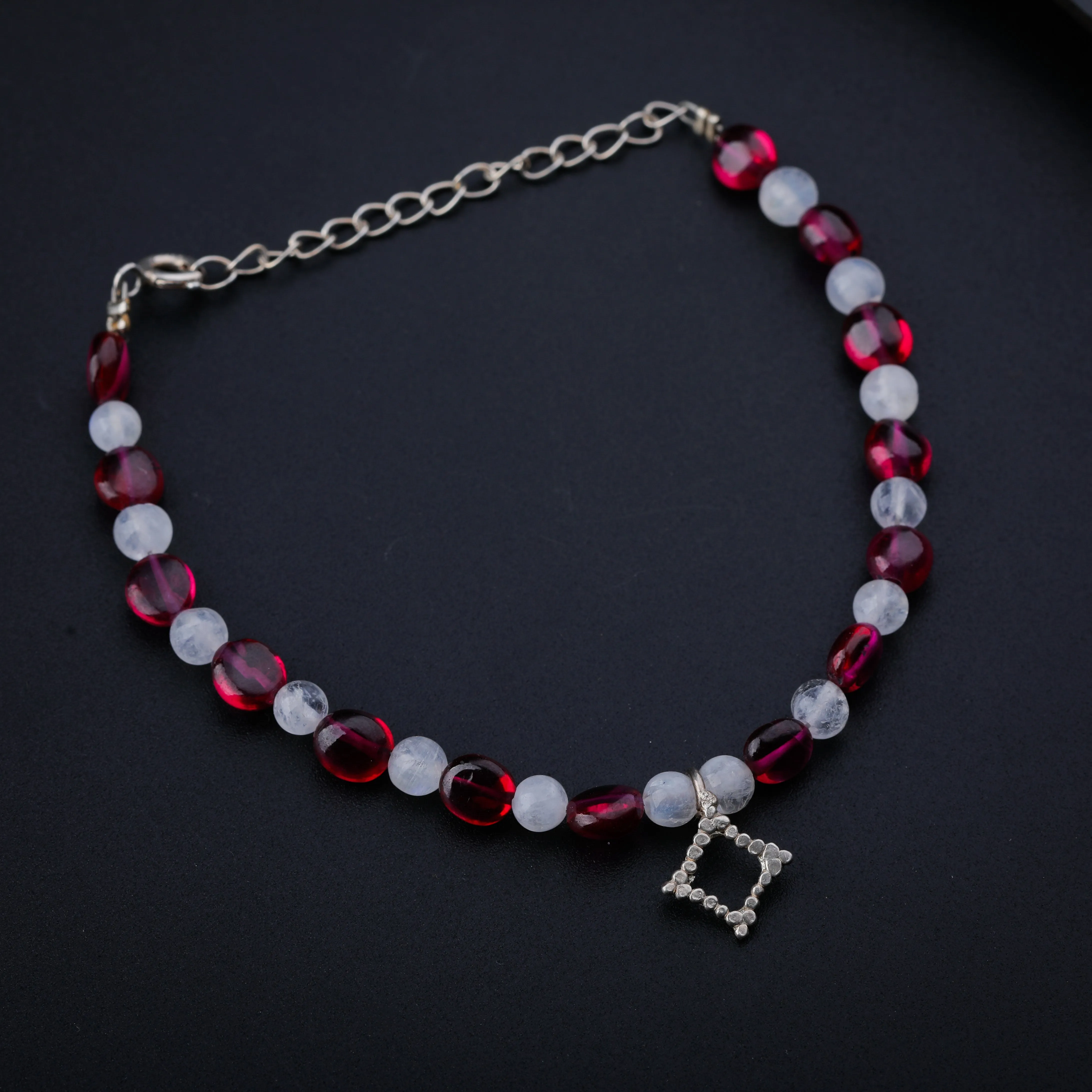 Ruby and Moon Stone Bracelet with Silver Charm
