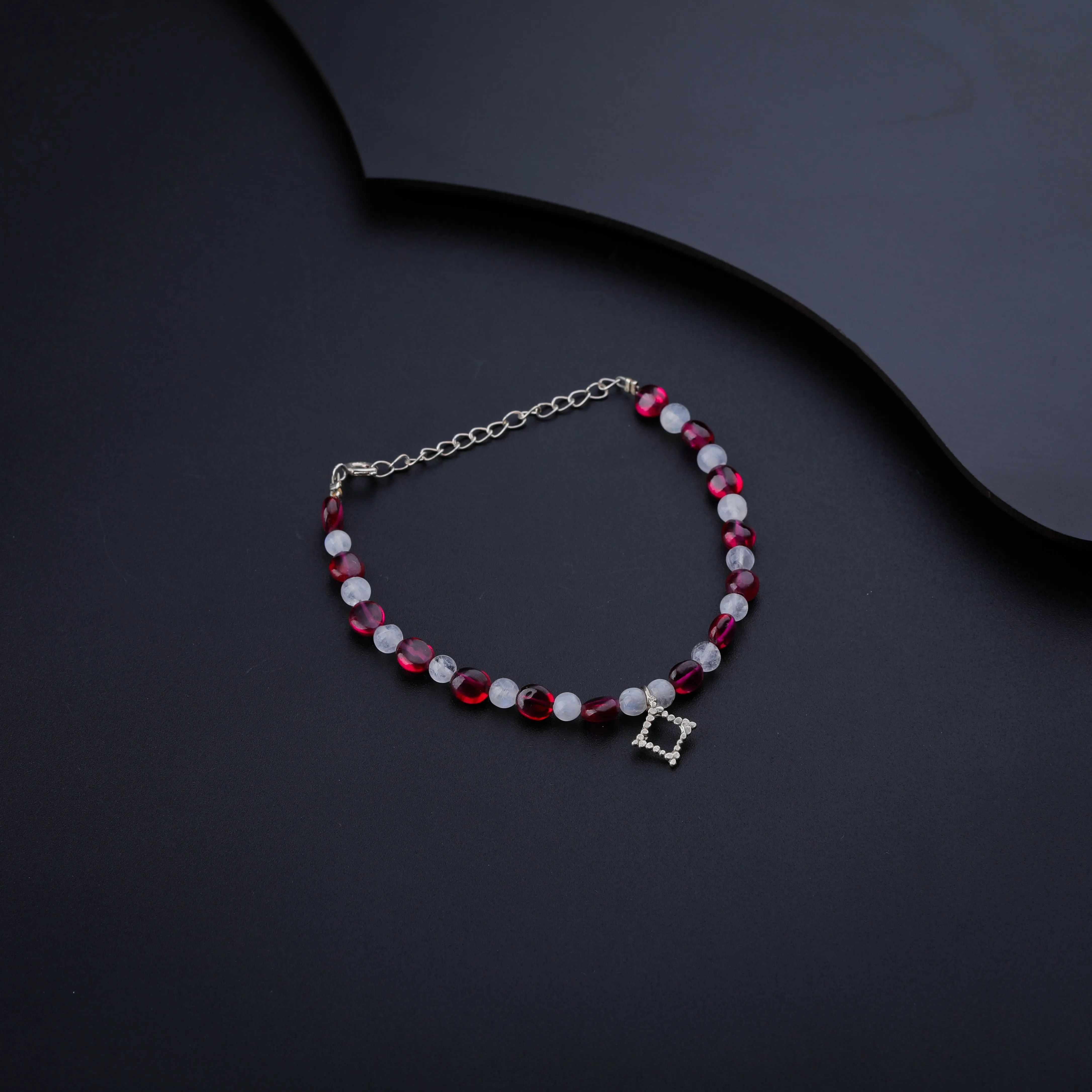Ruby and Moon Stone Bracelet with Silver Charm
