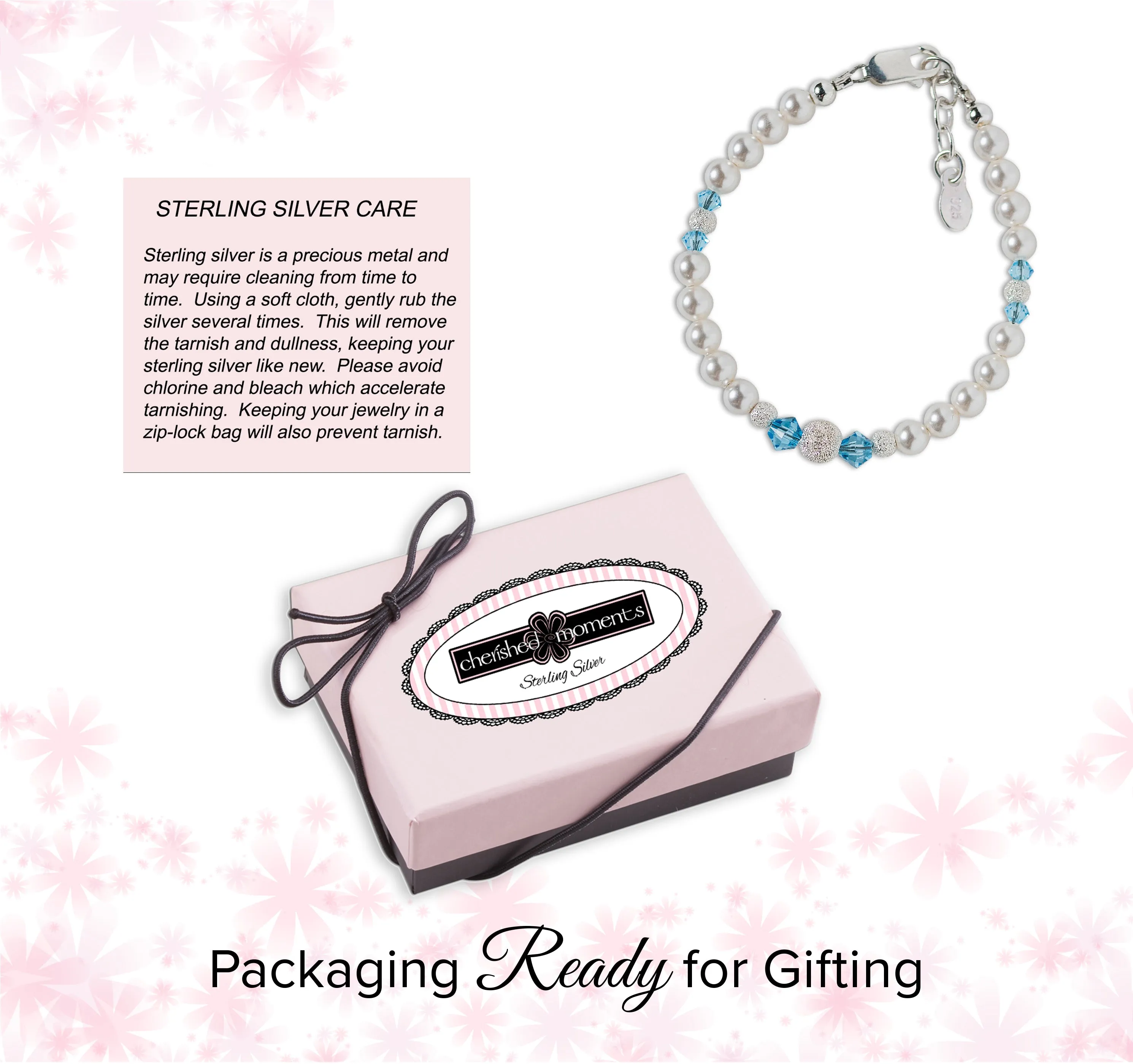 SALE! Girls Sterling Silver Simulated Pearl Baby Bracelet with Aqua Crystals Jewelry for Kids