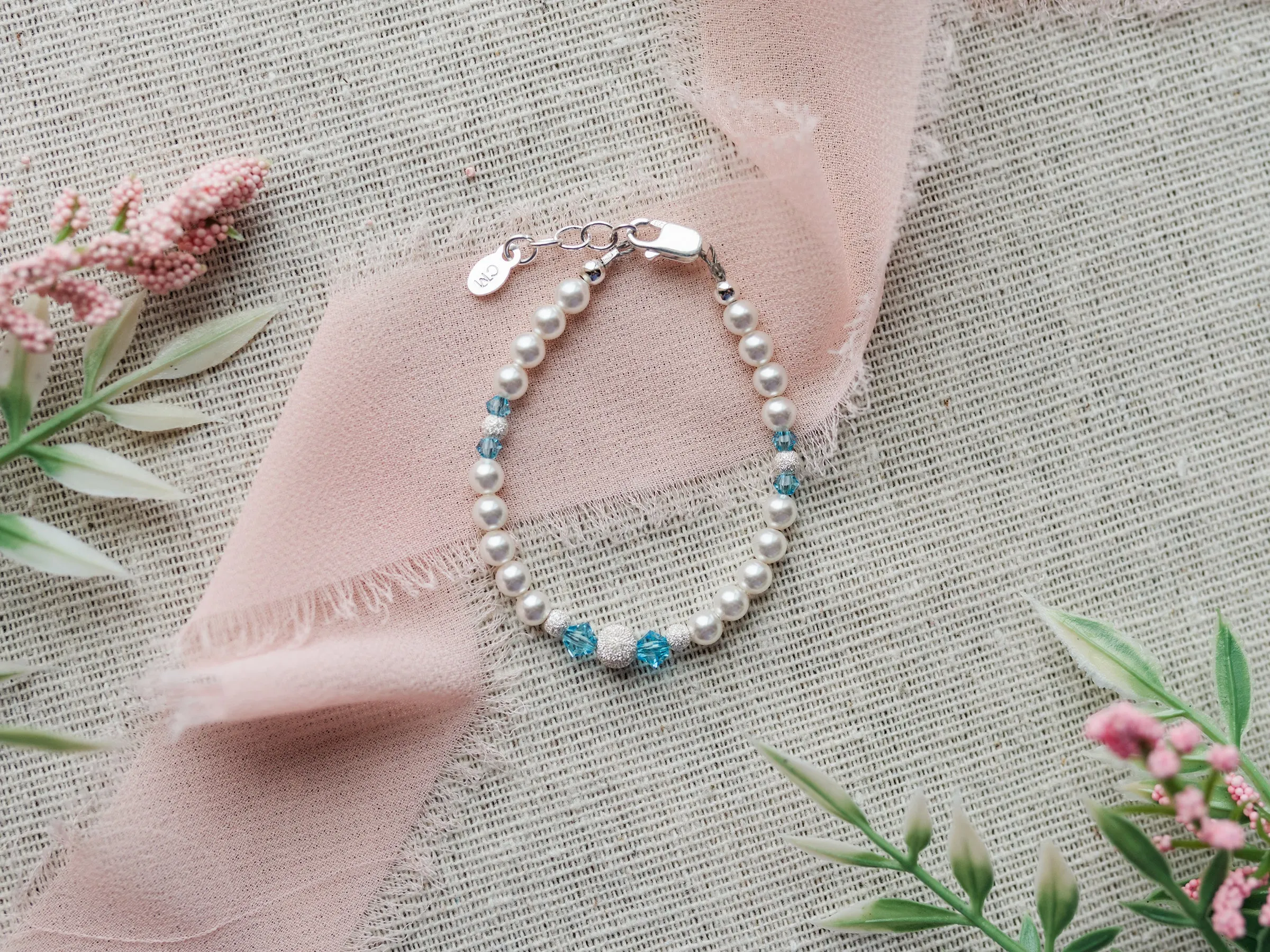 SALE! Girls Sterling Silver Simulated Pearl Baby Bracelet with Aqua Crystals Jewelry for Kids