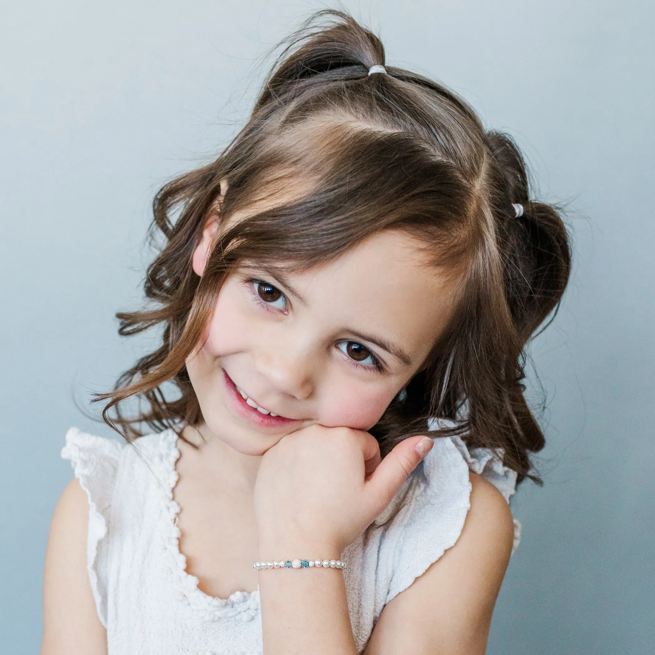 SALE! Girls Sterling Silver Simulated Pearl Baby Bracelet with Aqua Crystals Jewelry for Kids