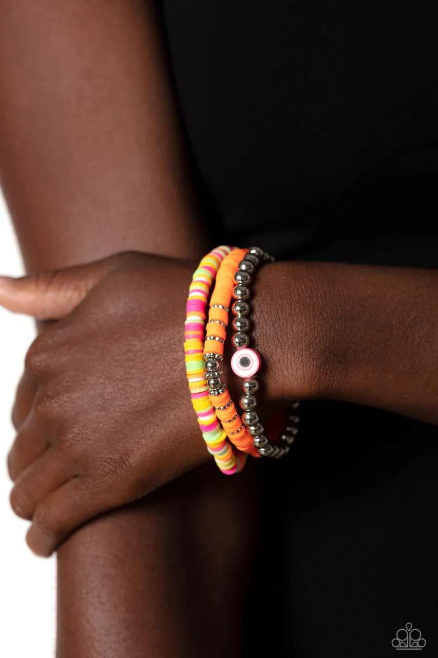 Sam EYE Am - Multi - Orange Rubber Disc Silver Bead Paparazzi Stretchy Bracelet