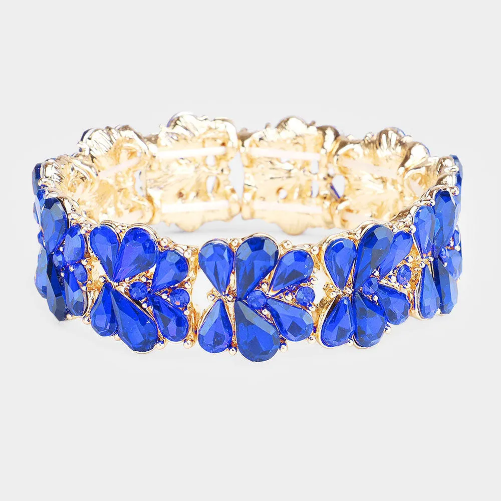 Sapphire Crystal Teardrop Cluster Stretch Pageant Bracelet on Gold | Prom Bracelet | 484022
