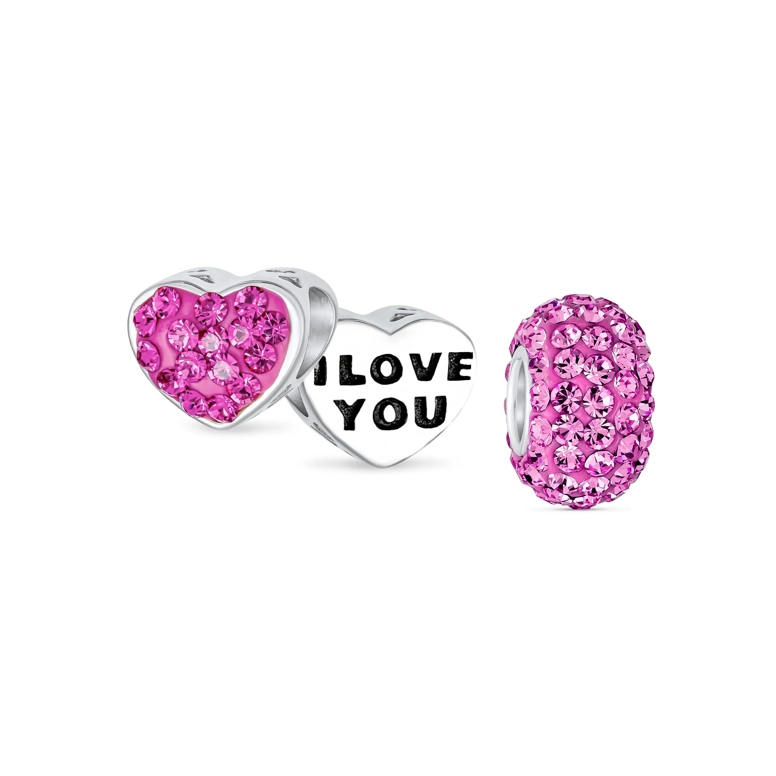 Set of 2 I Love You Princess Heart & Solid Pink Crystal Bead Charm Silver