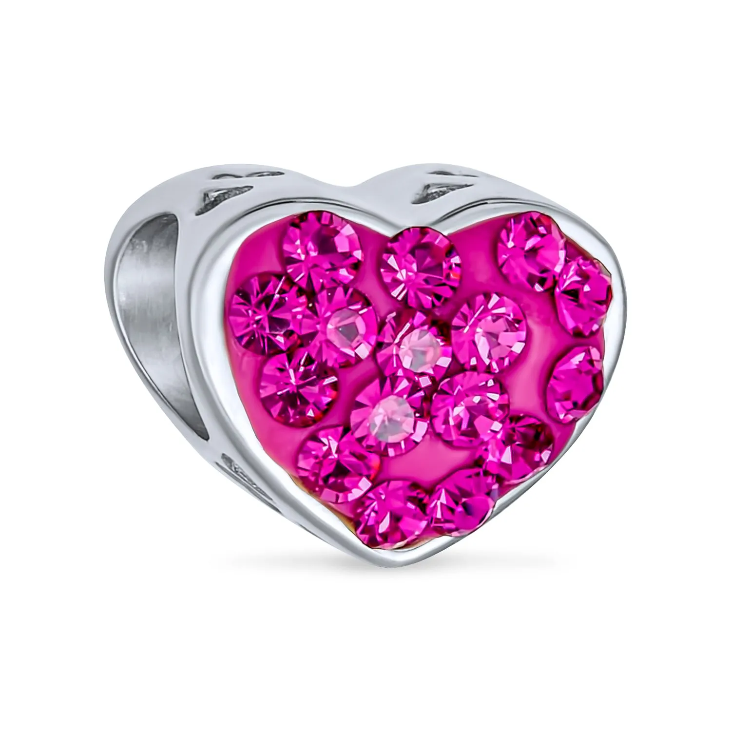 Set of 2 I Love You Princess Heart & Solid Pink Crystal Bead Charm Silver