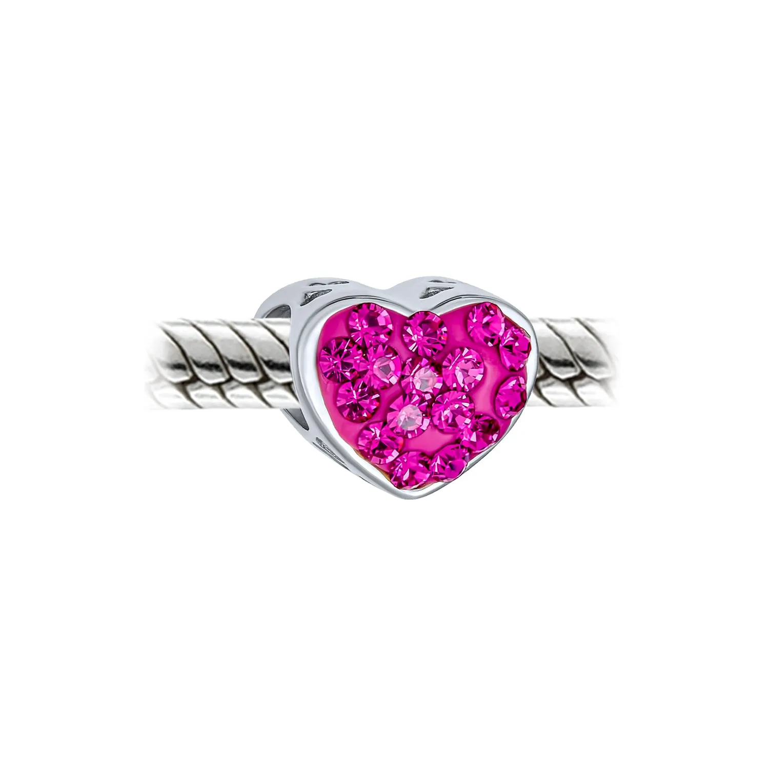 Set of 2 I Love You Princess Heart & Solid Pink Crystal Bead Charm Silver