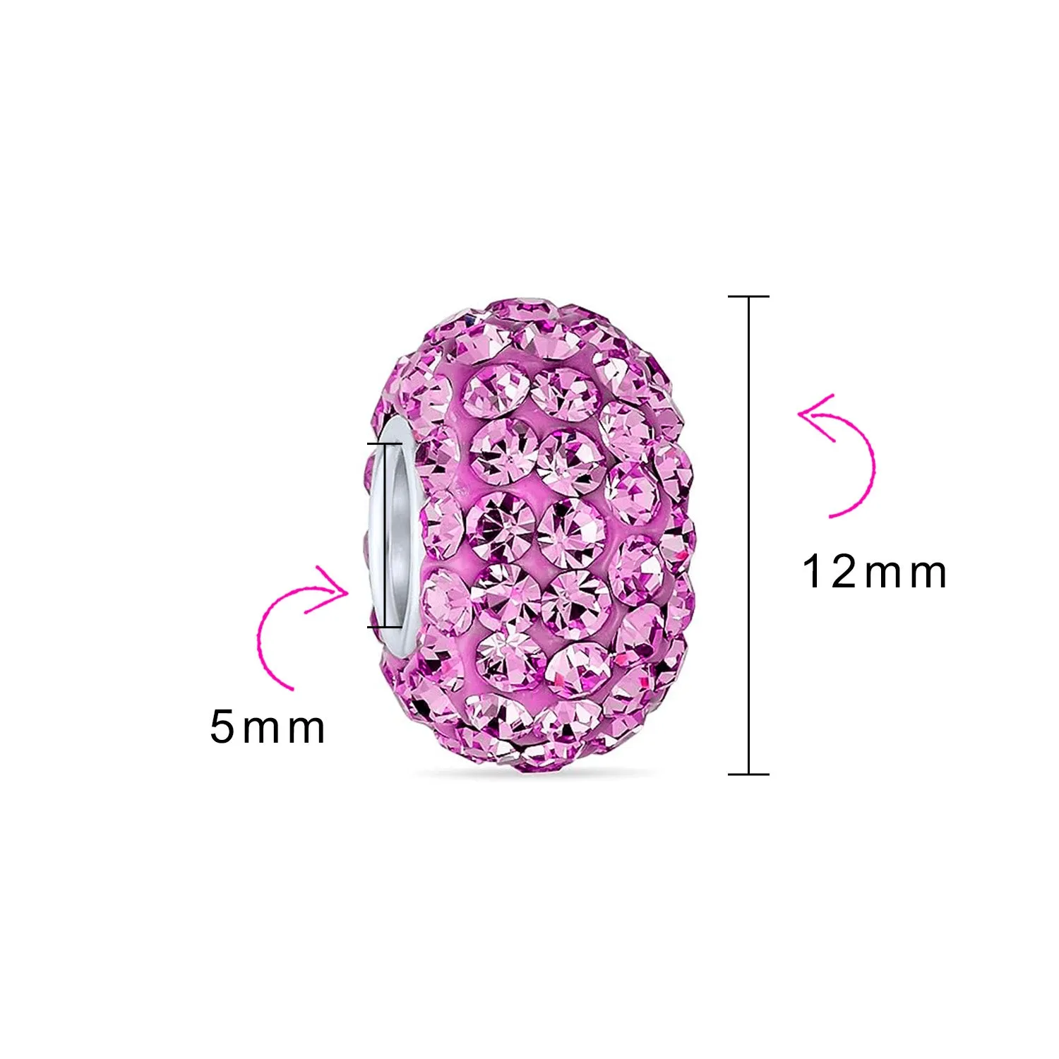 Set of 2 I Love You Princess Heart & Solid Pink Crystal Bead Charm Silver