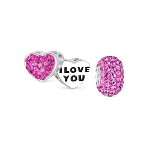 Set of 2 I Love You Princess Heart & Solid Pink Crystal Bead Charm Silver
