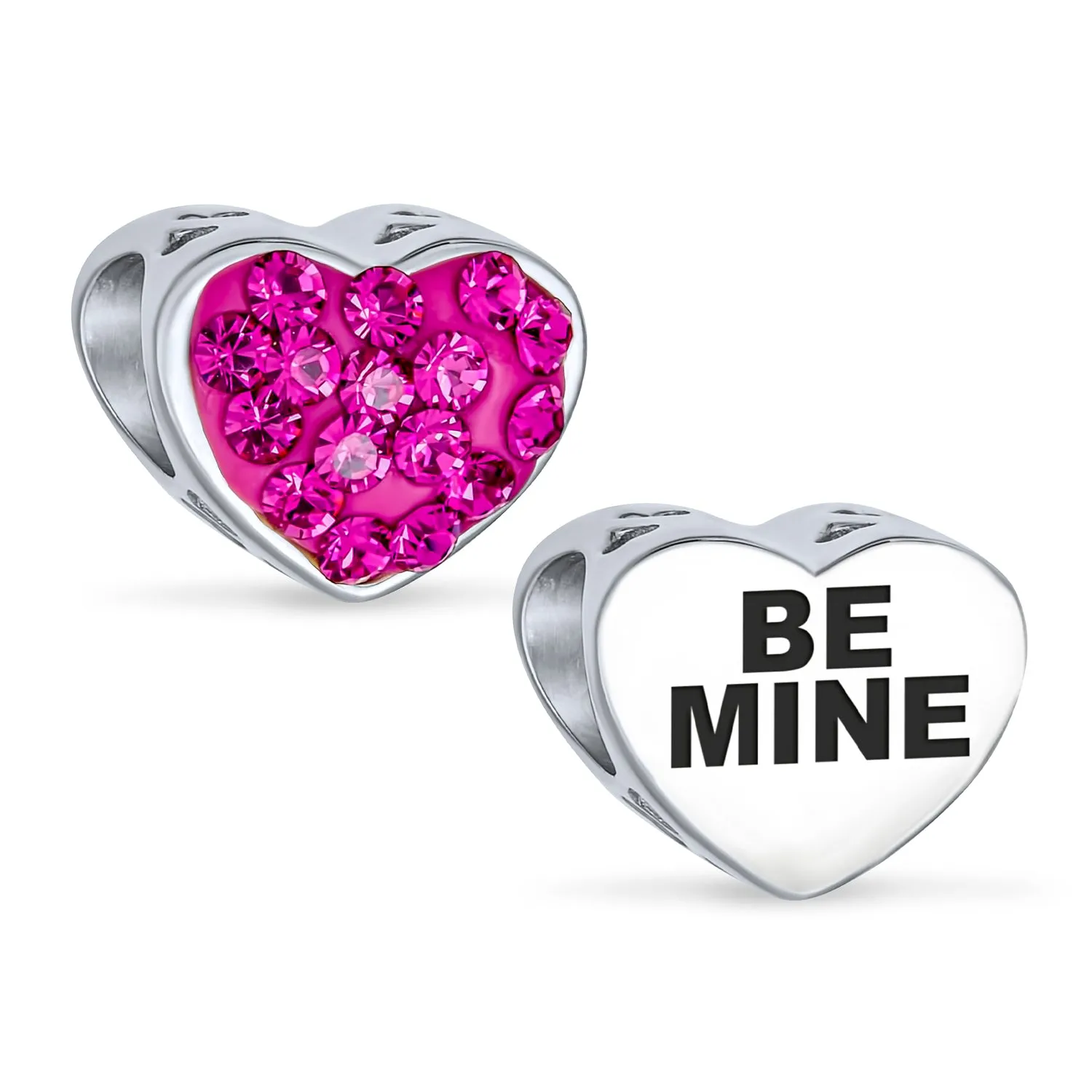 Set of 2 I Love You Princess Heart & Solid Pink Crystal Bead Charm Silver