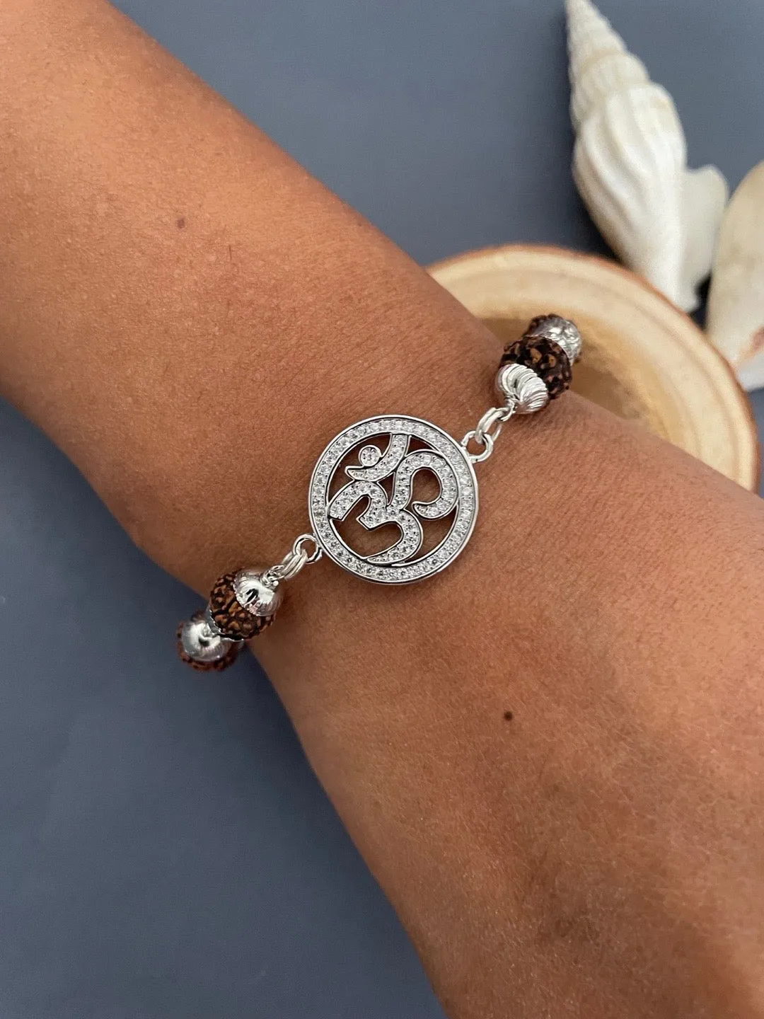 Silver AD Round OM Pendant Mens Rudraksha Bracelet