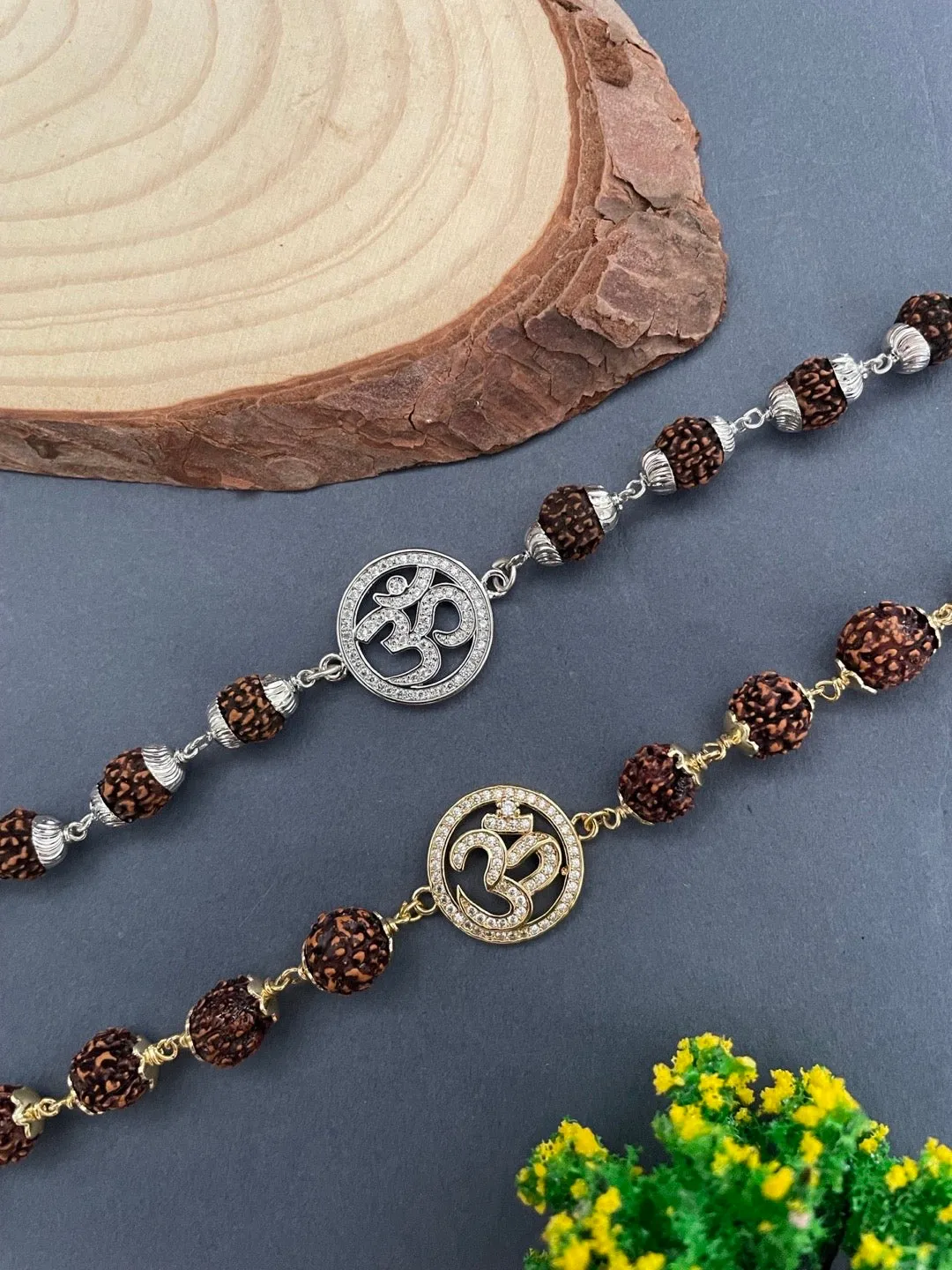 Silver AD Round OM Pendant Mens Rudraksha Bracelet