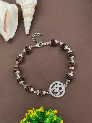 Silver AD Round OM Pendant Mens Rudraksha Bracelet