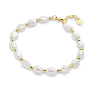 Simple Bridal White Freshwater Pearl Strand Bracelet Gold Plated 6.5-8.5 Inch