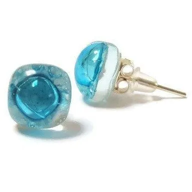 Small Post White and Turquoise Earrings. Fused Glass Studs. Recycled Glass jewelry. Stud earrings