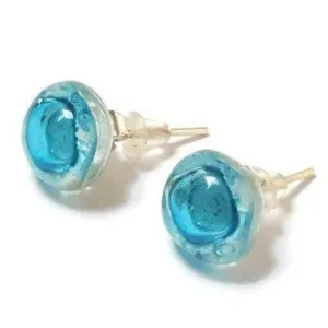 Small Post White and Turquoise Earrings. Fused Glass Studs. Recycled Glass jewelry. Stud earrings