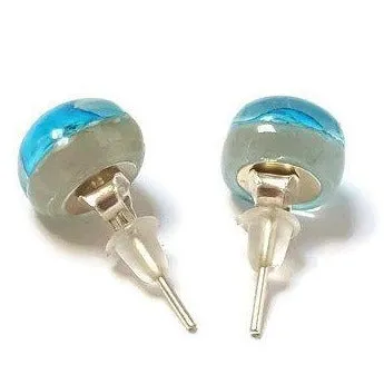 Small Post White and Turquoise Earrings. Fused Glass Studs. Recycled Glass jewelry. Stud earrings