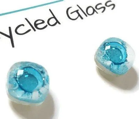 Small Post White and Turquoise Earrings. Fused Glass Studs. Recycled Glass jewelry. Stud earrings