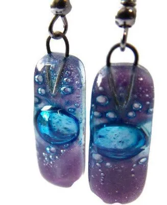 Small Rectangular Lilac and blue recycled Glass Earrings. Fused Glass Jewelry