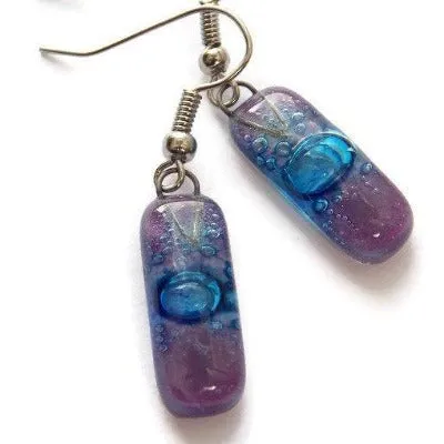 Small Rectangular Lilac and blue recycled Glass Earrings. Fused Glass Jewelry